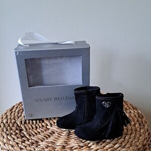 NWOT Stuart Weitzman Baby Blsck Suede Fringe Boots‎ Metal Logo Zipper S-2